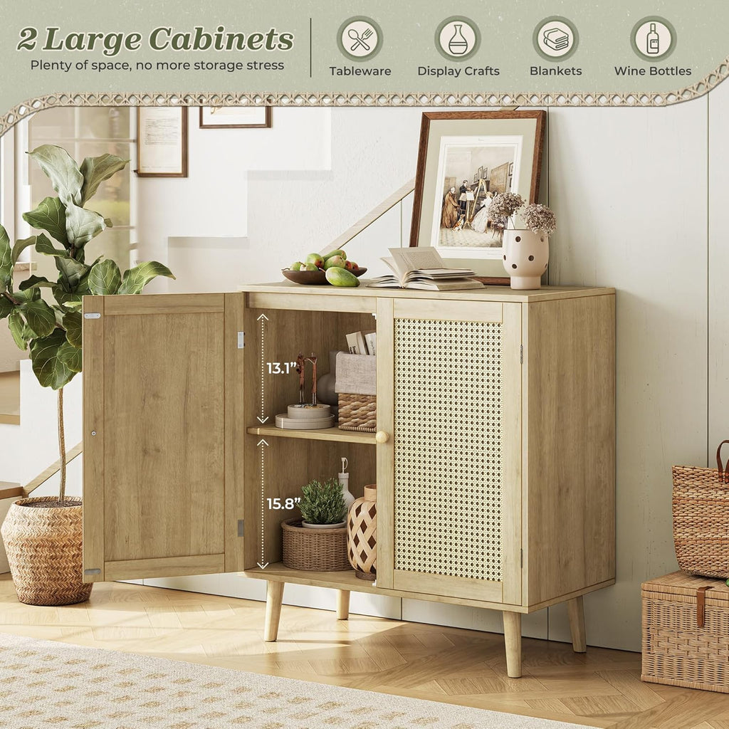 Buffet Cabinet with Storage, Storage Cabinet with PE Rattan Decor Doors, Accent Sideboard Buffet with Solid Wood Feet, for Hallway, Entry, Living Room, Natural