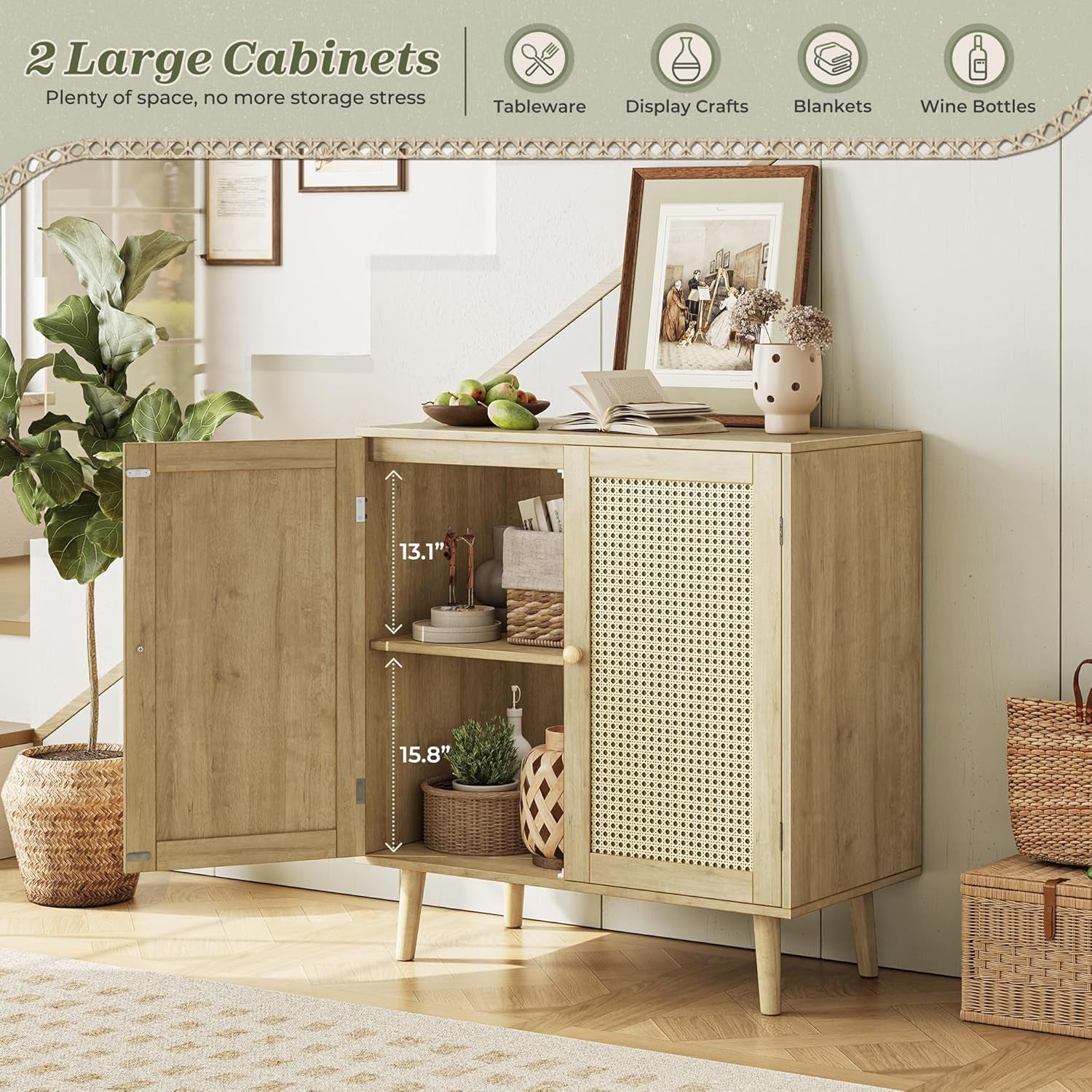 Buffet Cabinet with Storage, Storage Cabinet with PE Rattan Decor Doors, Accent Sideboard Buffet with Solid Wood Feet, for Hallway, Entry, Living Room, Natural