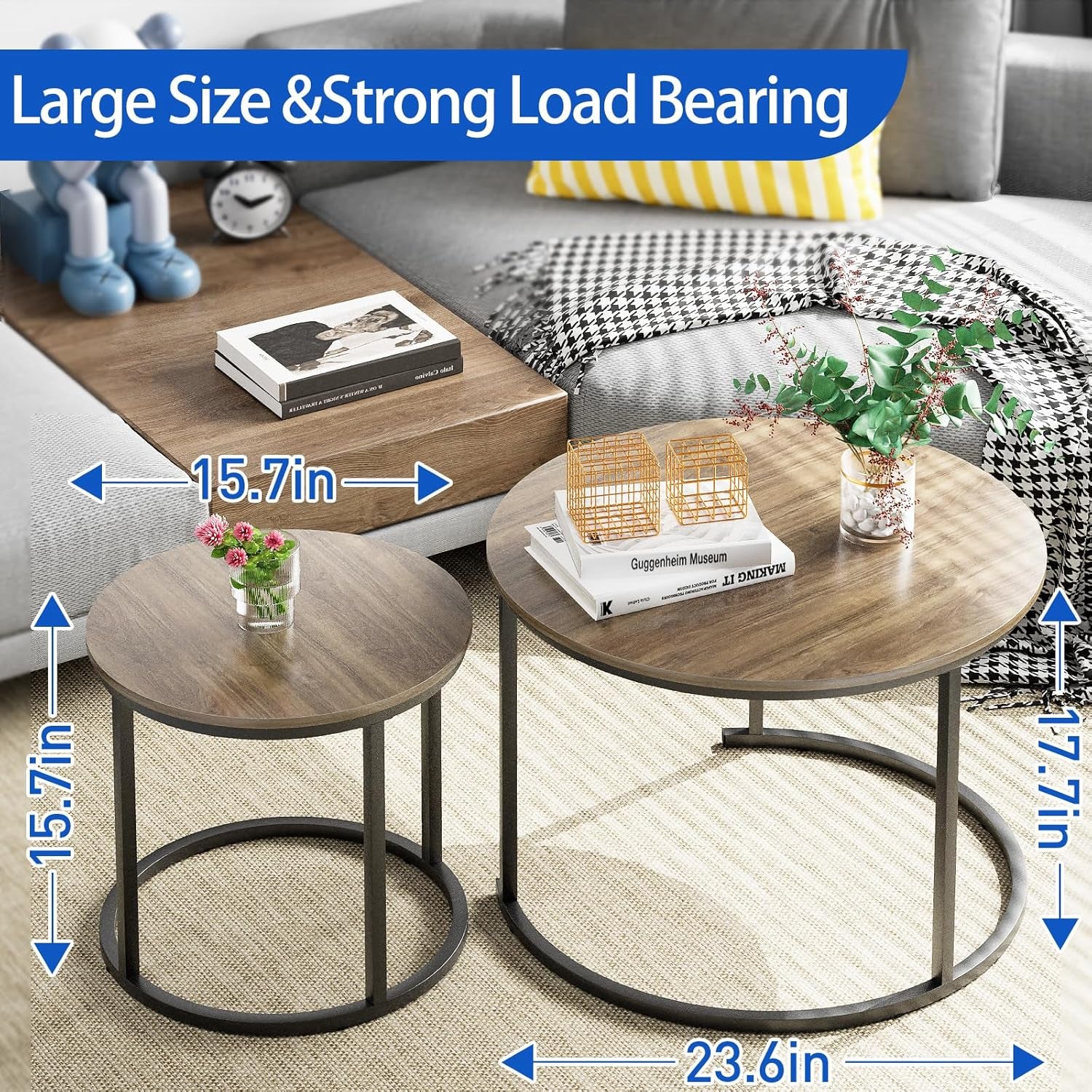 Coffee Table Nesting Side round Table Set of 2 End Table with Sturdy Metal Frame for Living Room Bedroom Apartment Modern Industrial Simple Nightstand,Oak