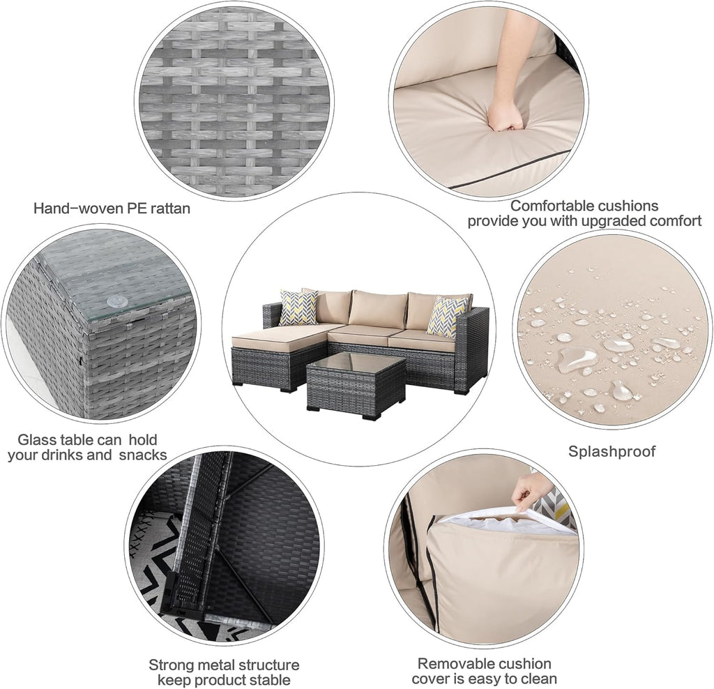 3 Pieces Patio Furniture Set,All-Weather Rattan Patio Conversation Set,Outdoor Sectional Silver Wicker Patio Couch with Washable Cushions and Glass Coffee Table(Khaki)