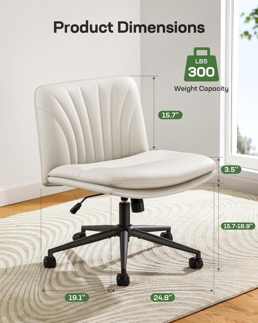 Armless-Office Desk Chair with Wheels: PU Leather Cross Legged Wide Chair,Comfortable Adjustable Swivel Computer Task Chairs for Home,Office,Make Up,Small Space,Bed Room(Light Beige)