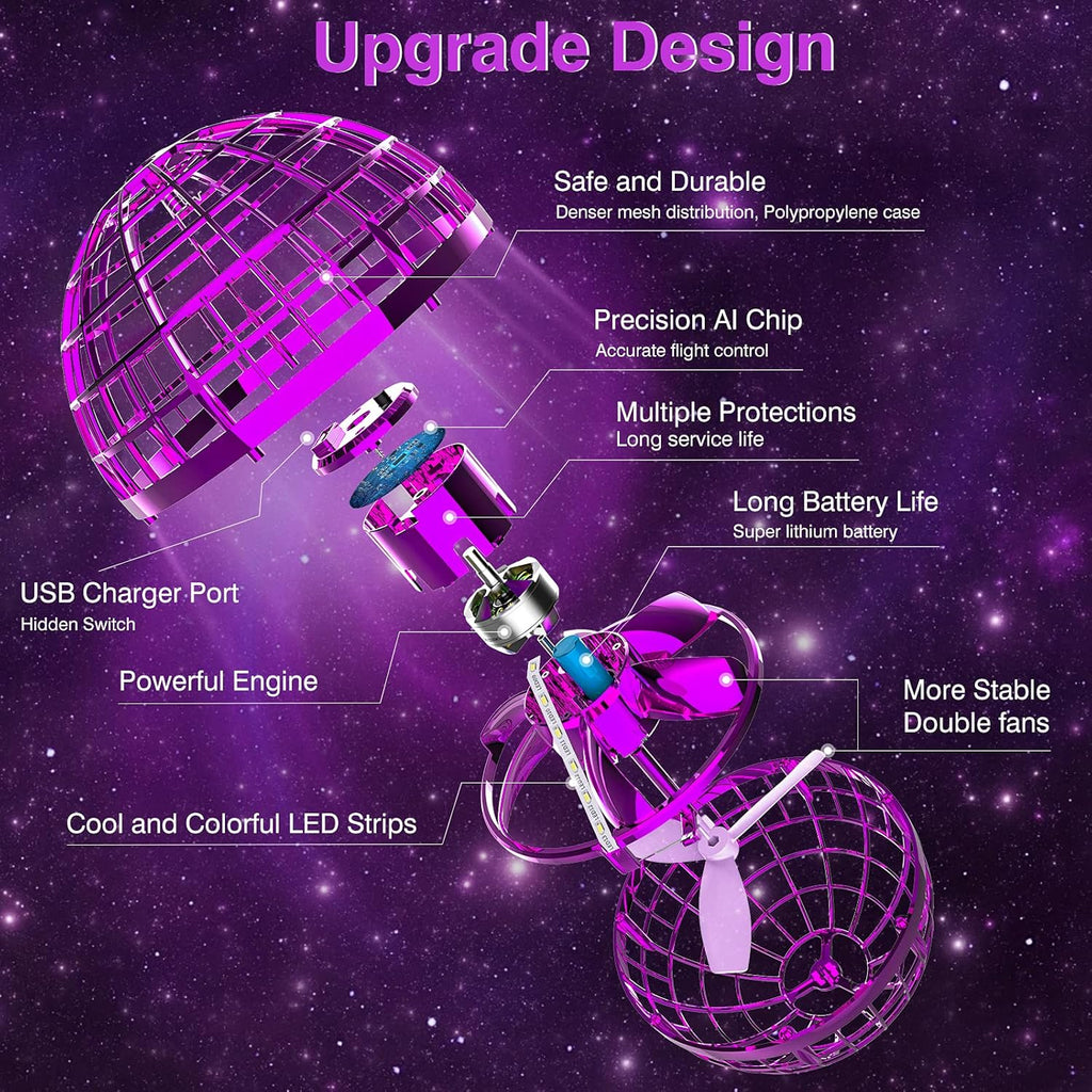 Flying Orb Ball Toy 2025 – Light up Hand Controlled Boomerang Spinner Mini Drone Toy, Hover Cosmic Globe Ball, Cool Christmas & Birthday Gift for Girls Boys Teens Ages 6+ (Purple)