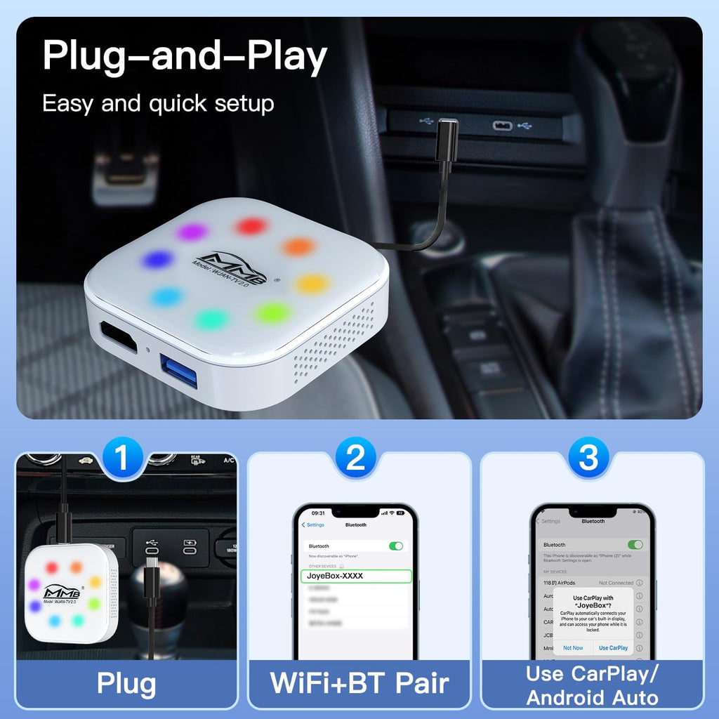WJAN-TV2.0 Carplay, Wireless Carplay, Carplay Adapter Online Youtube/Netflix 2025 New Upgrade Dongle with HDMI Output, Video TV Box, Android 12.0 Auto Wireless Adapter for OEM Apple Carplay Cars