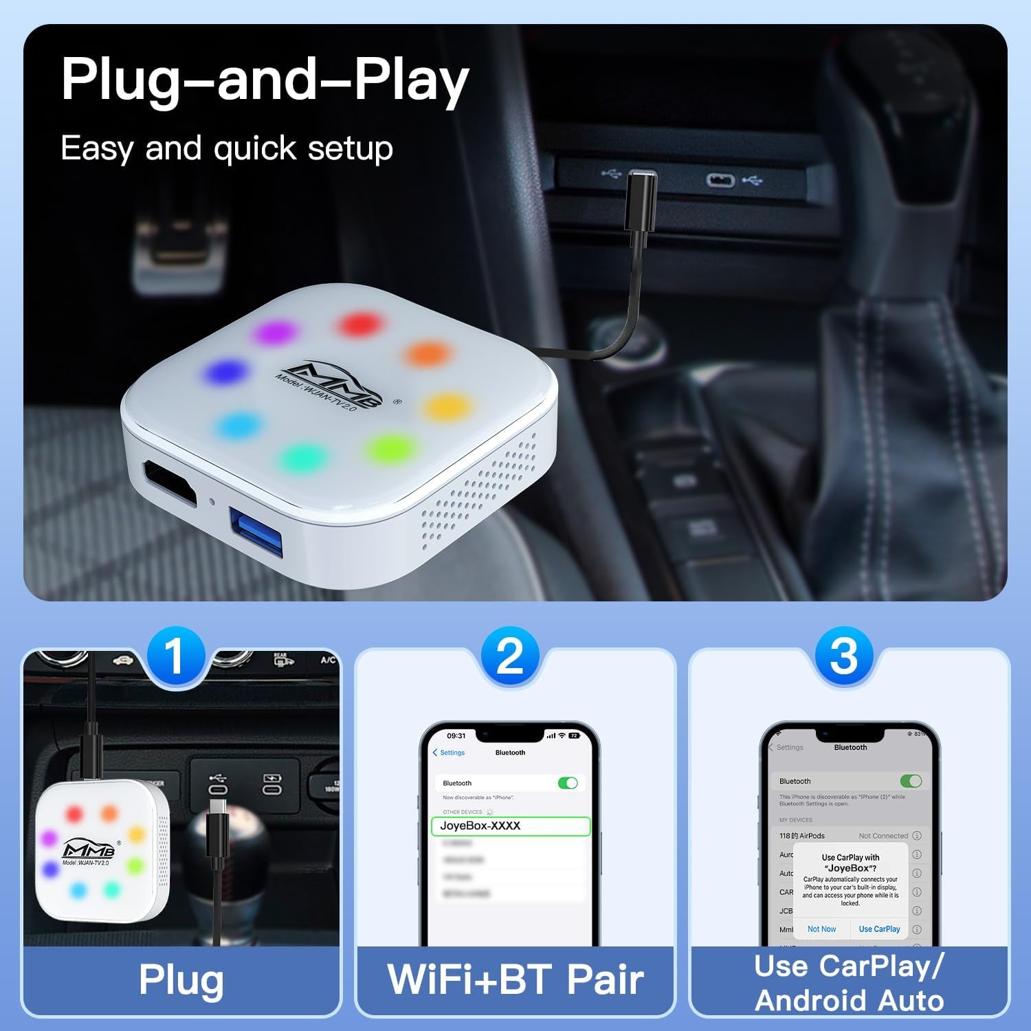 WJAN-TV2.0 Carplay, Wireless Carplay, Carplay Adapter Online Youtube/Netflix 2025 New Upgrade Dongle with HDMI Output, Video TV Box, Android 12.0 Auto Wireless Adapter for OEM Apple Carplay Cars