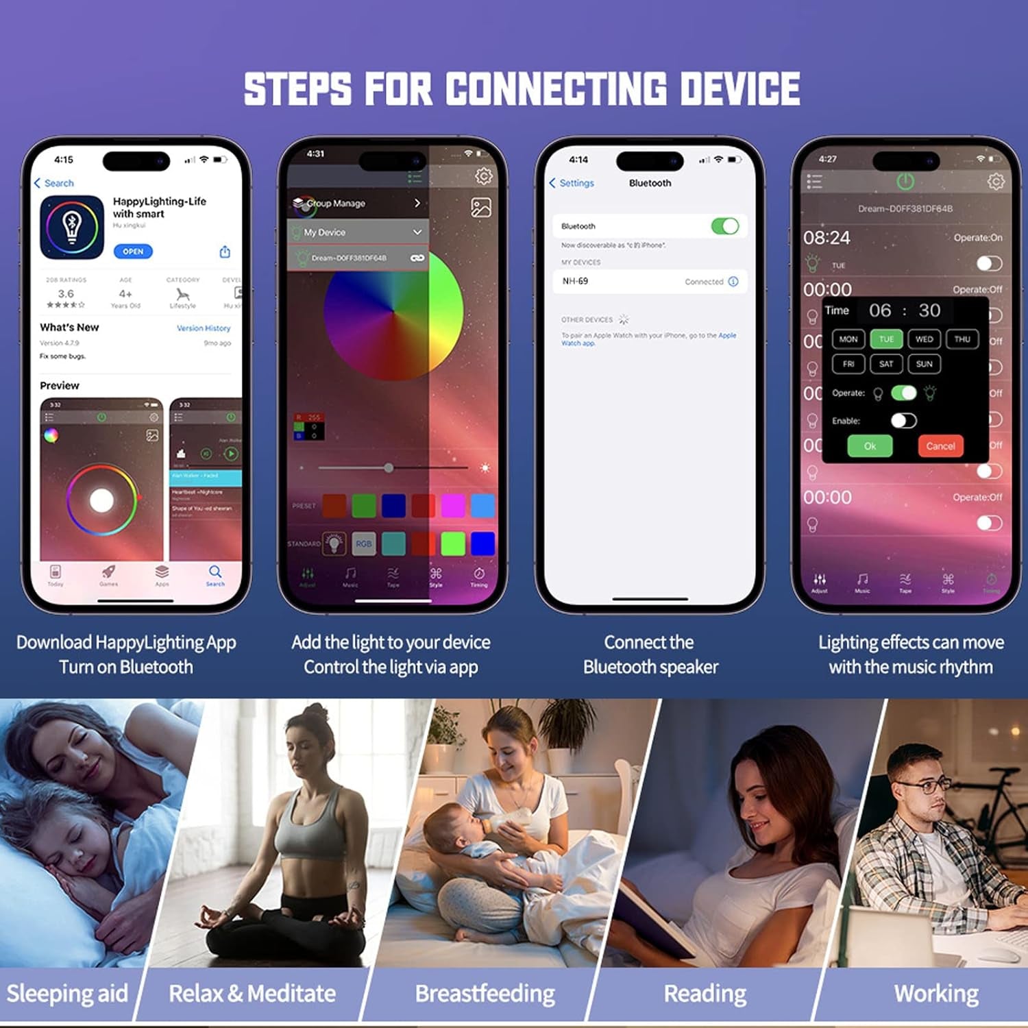 BKDRL Bluetooth Speaker Lamp with Wireless Charger, RGB Night Light, Alarm Clock, App Control - White