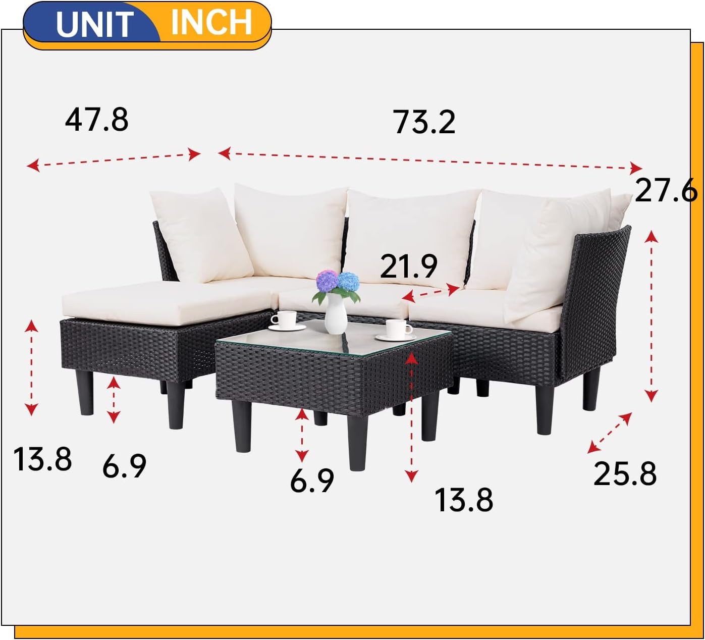 Outdoor Sectional Rattan Chair Wicker Conversation Set Sofas, 5-Piece, Khaki