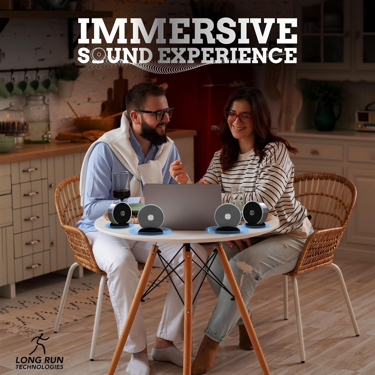 Bluetooth Speaker Set: Wireless Stereo Dual Pairing Portable Twin TWS System with Big Rich Bass Hi-Fi Multi-Room Indoor Outdoor Use Home Deck Pool Work Travel Party Camping Gift Decor Idea (Chrome)