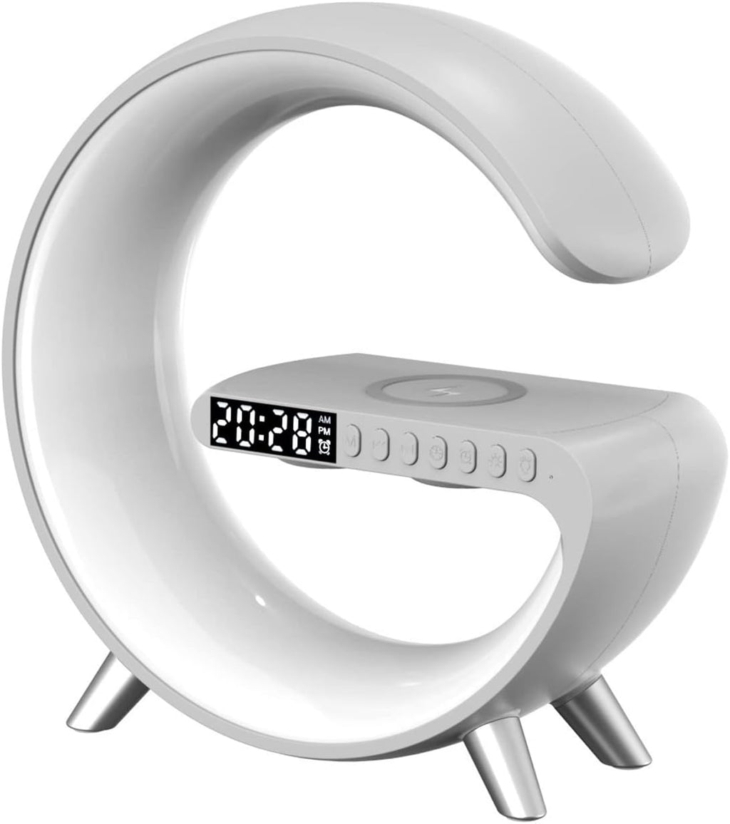 BKDRL Bluetooth Speaker Lamp with Wireless Charger, RGB Night Light, Alarm Clock, App Control - White