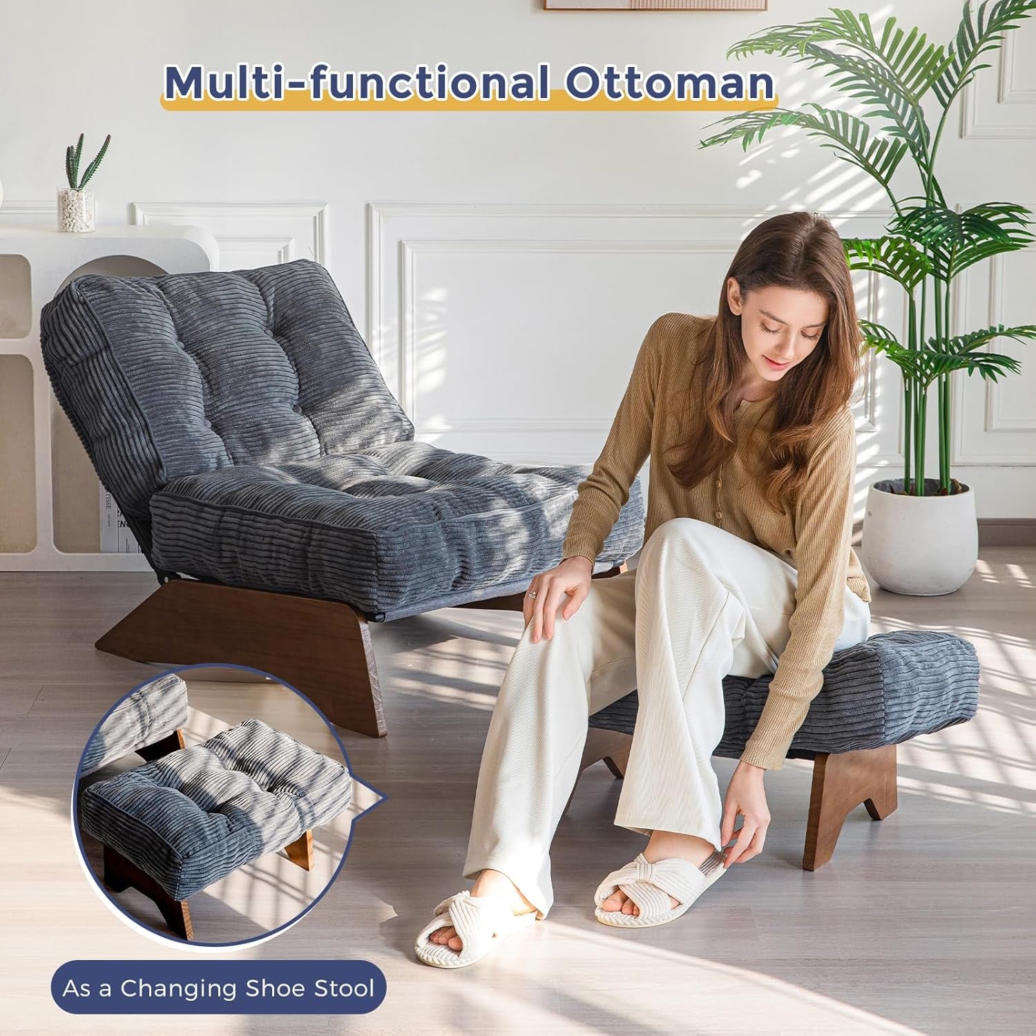 Accent Chair with Ottoman Adjustable Backrest, Tufted Living Room Chair Upholstered Lounge Chair with Footrest Set, Modern Chair Cozy Reclining Chair for Reading Room, Dark Grey