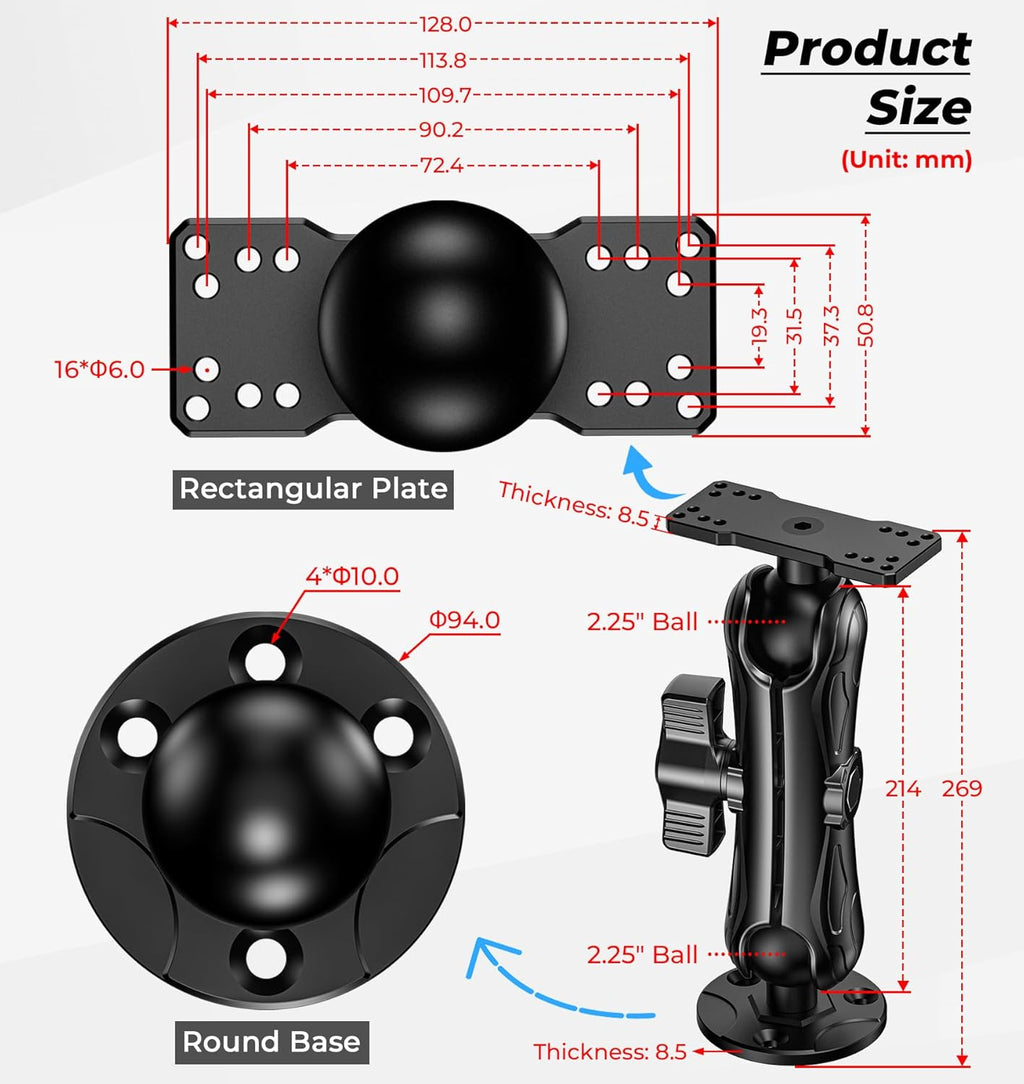 2.25" Ball Aluminum Alloy Large Fish Finder Mount