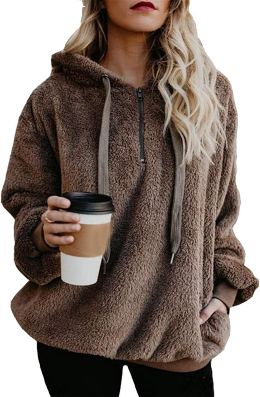 Womens Oversized Sherpa Pullover Hoodie with Pockets Fuzzy Fleece Sweatshirt Plaid Fluffy Jacket Coat