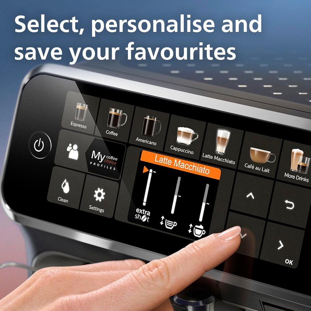 5400 Series Fully Automatic Bean-to-Cup Coffee Machine with 12 Coffee Varieties, Lattego Milk Frother, Easy Clean System, Ceramic Grinder - Black and Silver (EP5446/70)