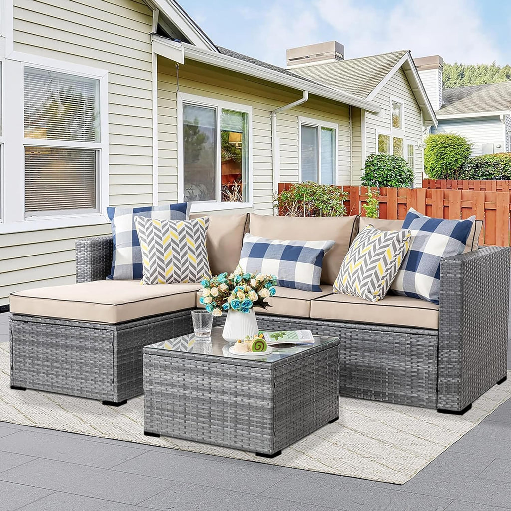 3 Pieces Patio Furniture Set,All-Weather Rattan Patio Conversation Set,Outdoor Sectional Silver Wicker Patio Couch with Washable Cushions and Glass Coffee Table(Khaki)