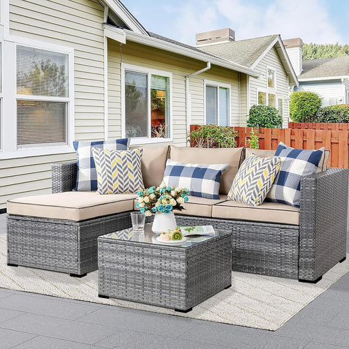 3 Pieces Patio Furniture Set,All-Weather Rattan Patio Conversation Set,Outdoor Sectional Silver Wicker Patio Couch with Washable Cushions and Glass Coffee Table(Khaki)