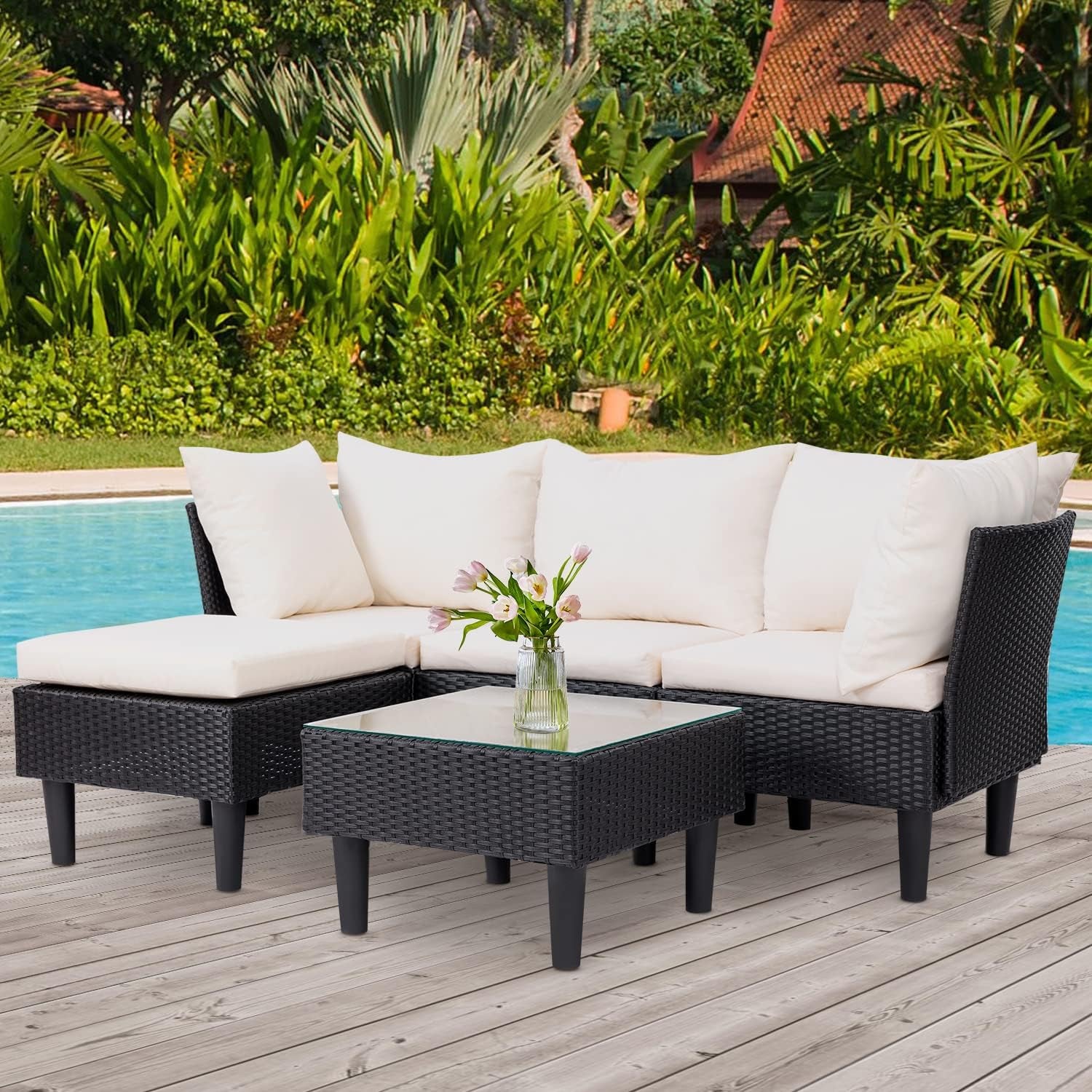 Outdoor Sectional Rattan Chair Wicker Conversation Set Sofas, 5-Piece, Khaki