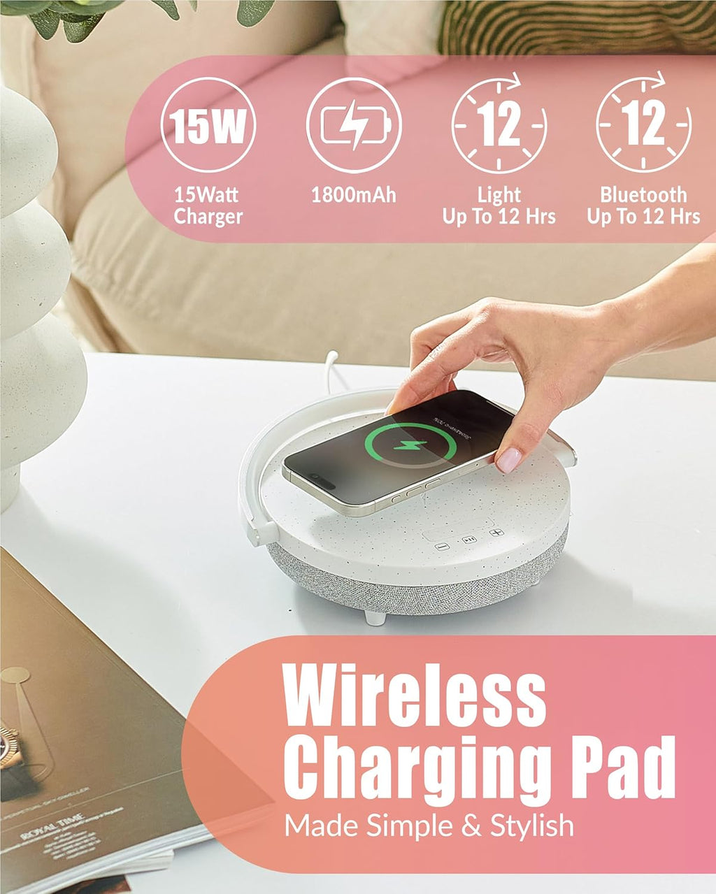 Bedside Lamp with Wireless Charger, Birthday Gifts for Women, 6 in 1 Touch Bedside Lamp, Portable Bluetooth Speaker, Gift for Her, Mom, Dad, Mens Gifts for Birthday Unique