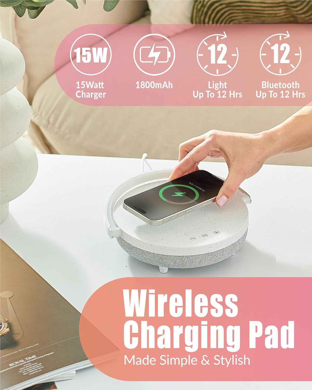 Bedside Lamp with Wireless Charger, Birthday Gifts for Women, 6 in 1 Touch Bedside Lamp, Portable Bluetooth Speaker, Gift for Her, Mom, Dad, Mens Gifts for Birthday Unique