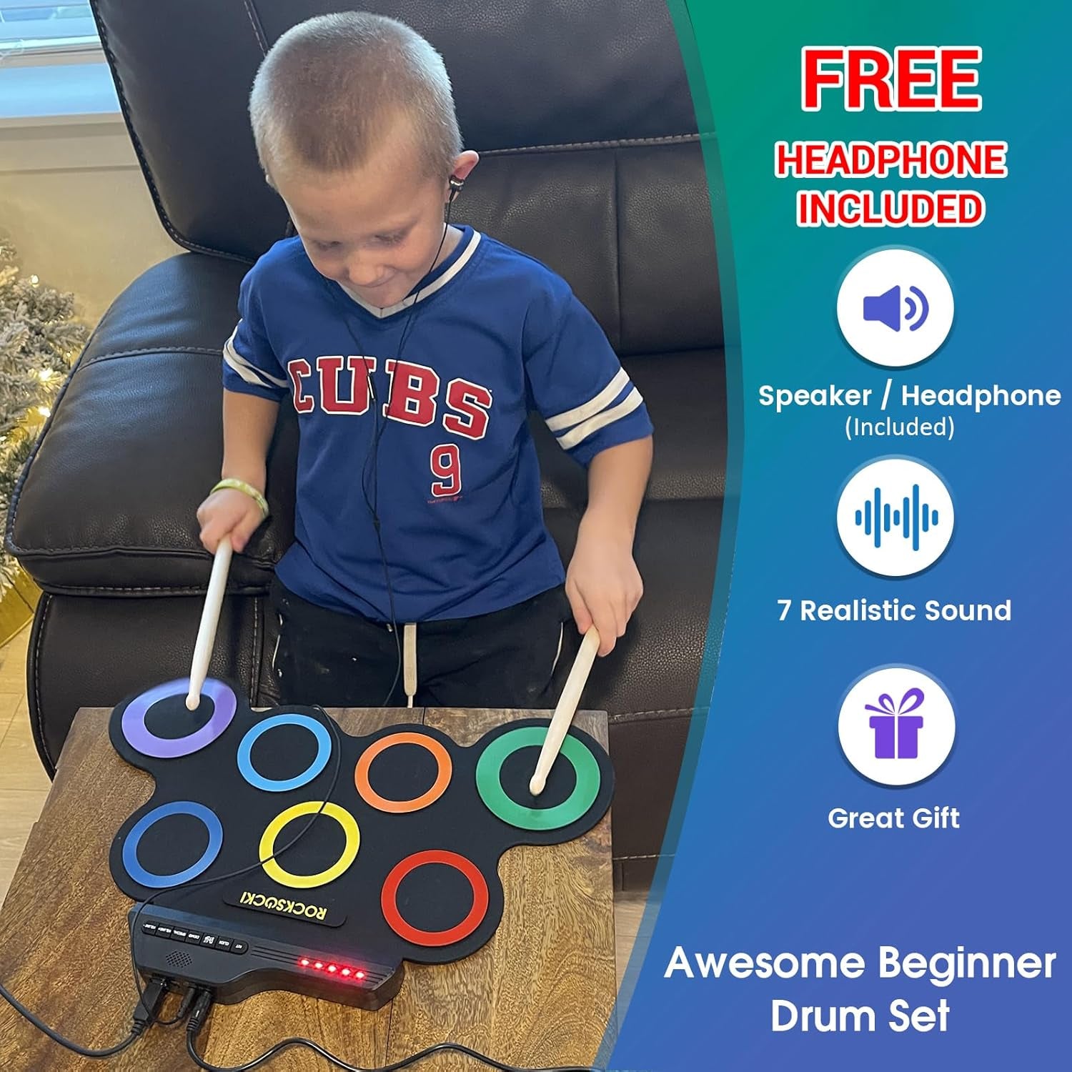 Electric Drum Set, 7-Pad Kids Electronic Drum Set with Headphone Included, Roll-Up Drum Practice Pad, Great Holiday Xmas Birthday Gift for Kids