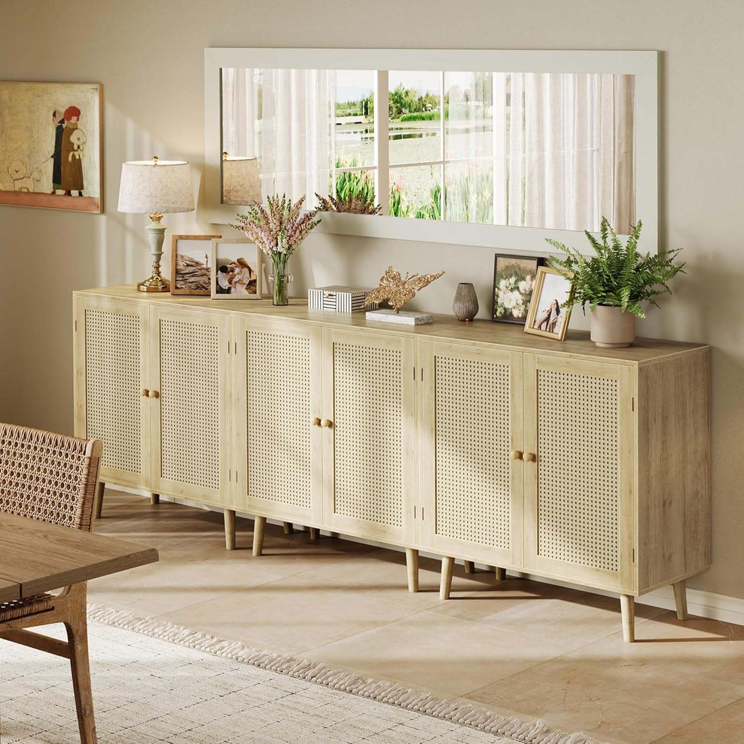 Buffet Cabinet with Storage, Storage Cabinet with PE Rattan Decor Doors, Accent Sideboard Buffet with Solid Wood Feet, for Hallway, Entry, Living Room, Natural