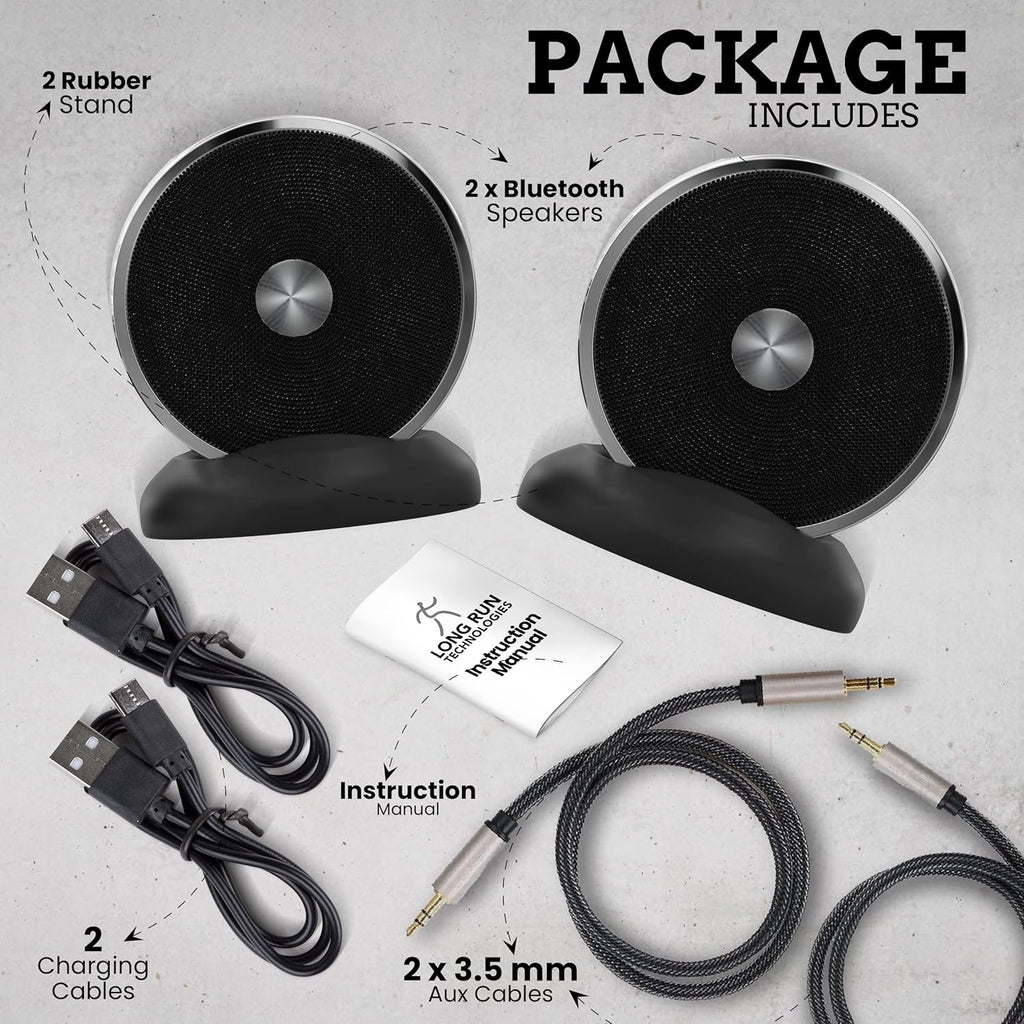 Bluetooth Speaker Set: Wireless Stereo Dual Pairing Portable Twin TWS System with Big Rich Bass Hi-Fi Multi-Room Indoor Outdoor Use Home Deck Pool Work Travel Party Camping Gift Decor Idea (Chrome)