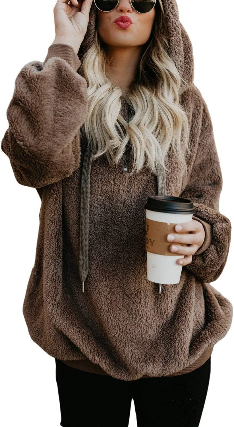 Womens Oversized Sherpa Pullover Hoodie with Pockets Fuzzy Fleece Sweatshirt Plaid Fluffy Jacket Coat
