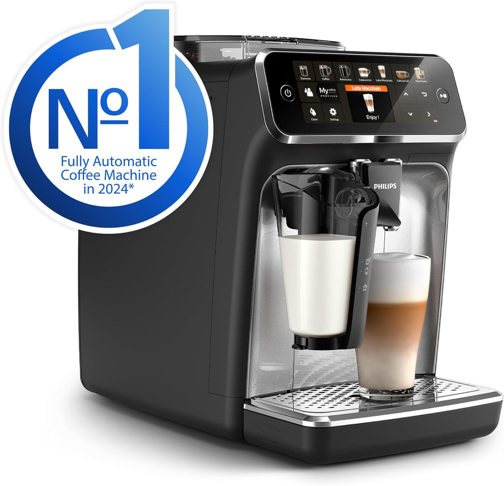 5400 Series Fully Automatic Bean-to-Cup Coffee Machine with 12 Coffee Varieties, Lattego Milk Frother, Easy Clean System, Ceramic Grinder - Black and Silver (EP5446/70)