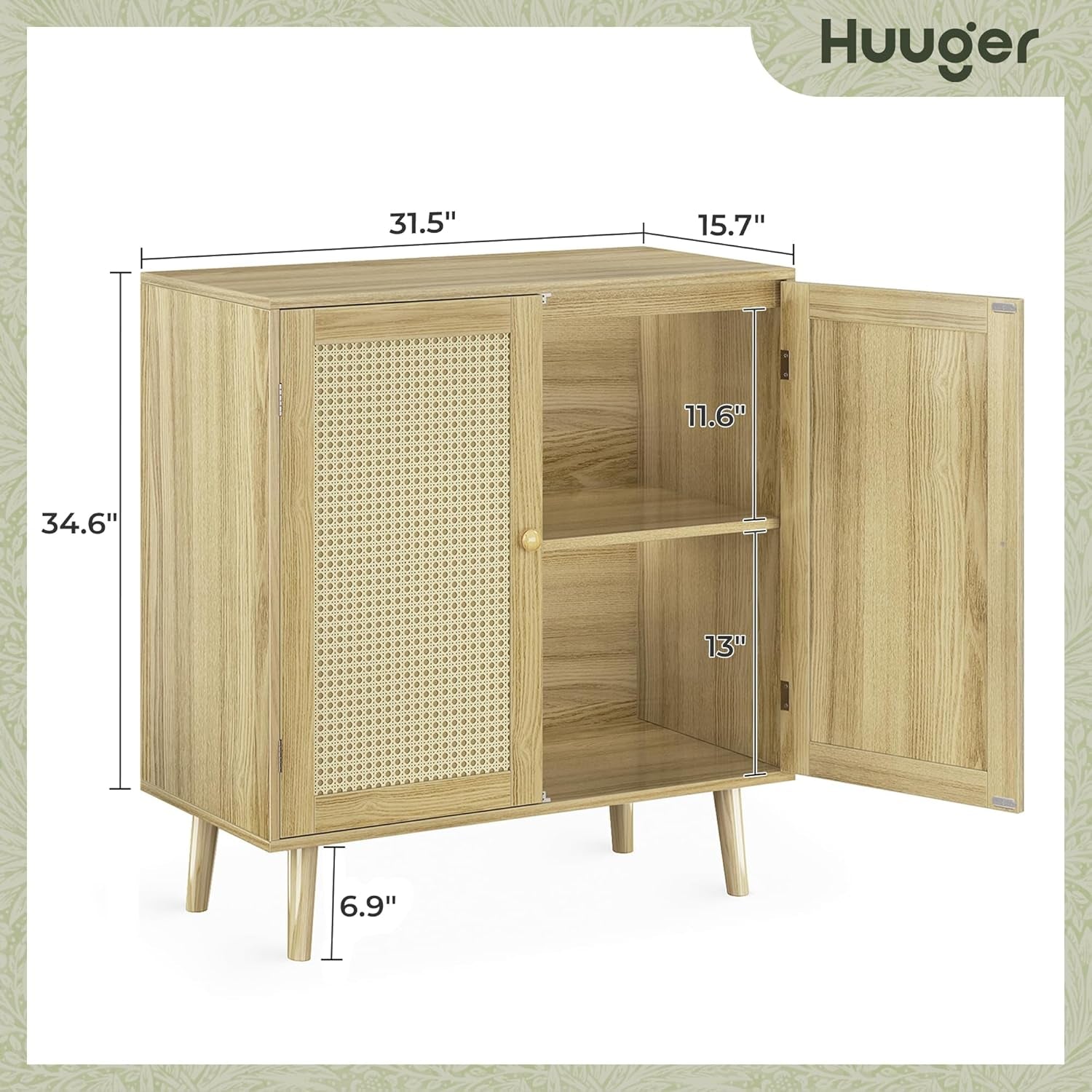 Buffet Cabinet with Storage, Storage Cabinet with PE Rattan Decor Doors, Accent Sideboard Buffet with Solid Wood Feet, for Hallway, Entry, Living Room, Natural