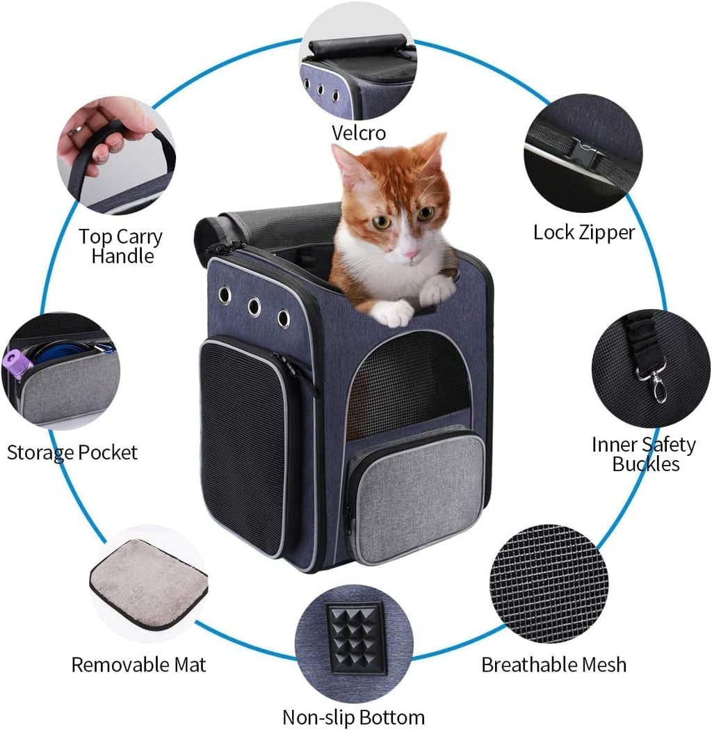 ® Premium Cat and Small Dog Carrier Backpack, Foldable Design with Breathable Fabric, Safety Leash, and Folding Bowl - Perfect for Hiking and Travel