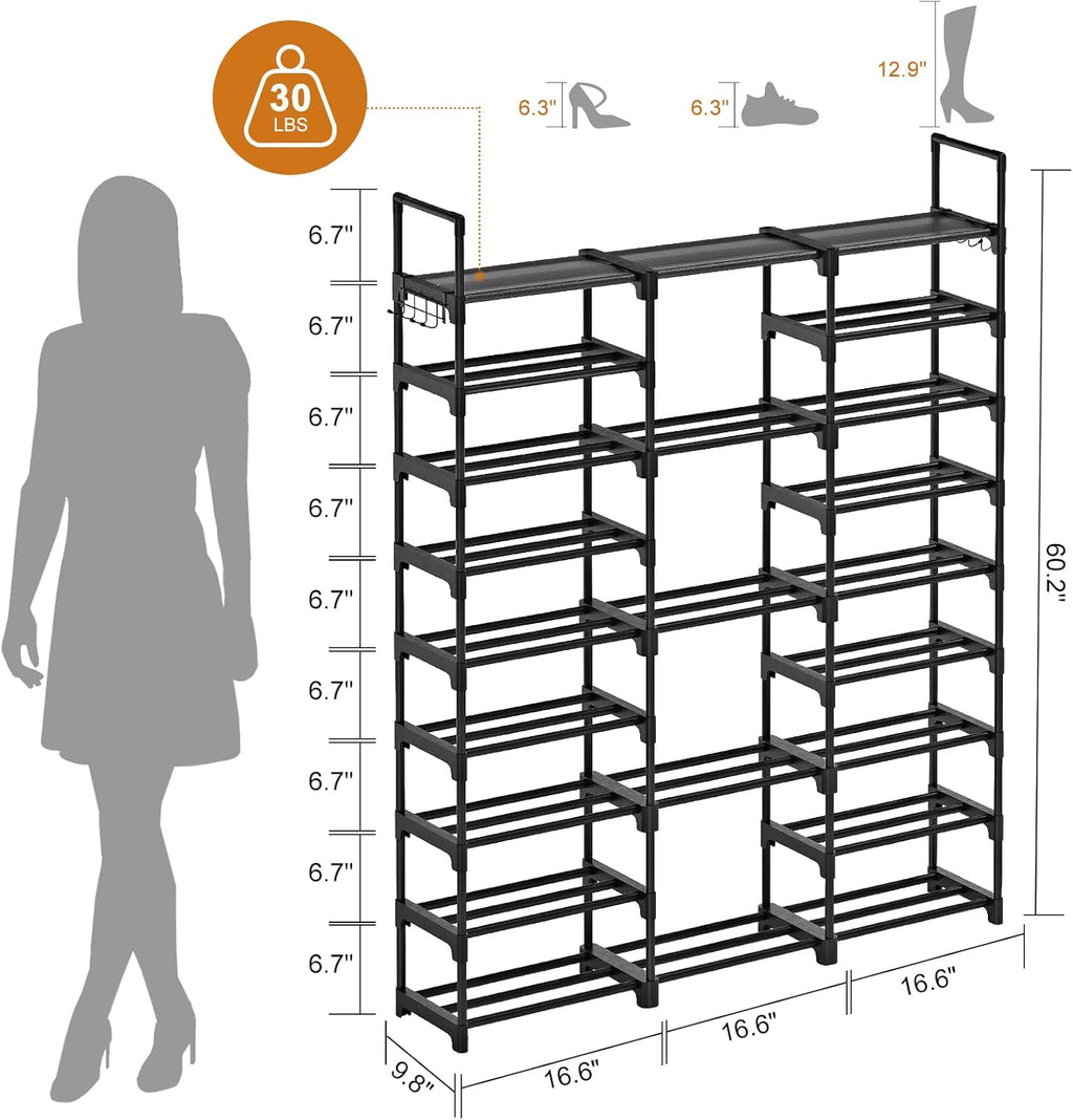 9 Tiers Large Shoe Rack Storage Organizer for Closet 50-55 Pairs Shoe Tower Unit Shelf Stackable Shoe Rack with Metal Pipes Plastic Connectors Black(Sss3B9)