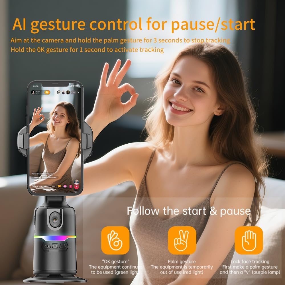 Auto Face Tracking Tripod 360° Rotating Cell Phone Photo and Video Kits Stand, Semiconductor Cooling, Camera Stand with Remote and Gesture Control, Smart Shooting Stand for Live Recording Tiktok Black