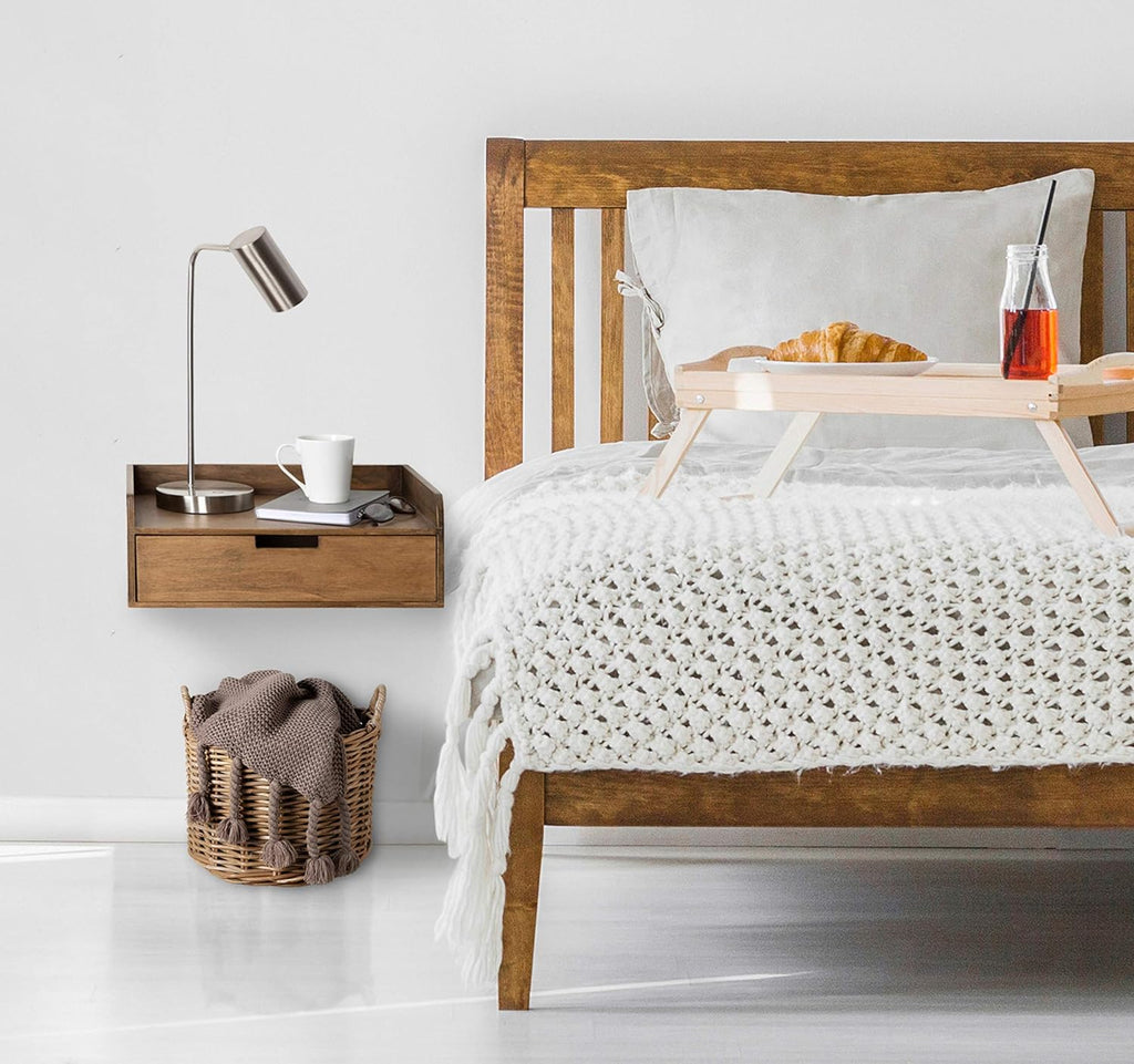 Kitt Floating Shelf Side Table with Drawer, Rustic Brown