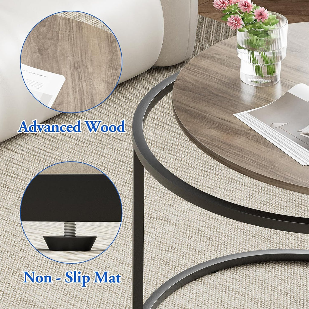 Coffee Table Nesting Side round Table Set of 2 End Table with Sturdy Metal Frame for Living Room Bedroom Apartment Modern Industrial Simple Nightstand,Oak
