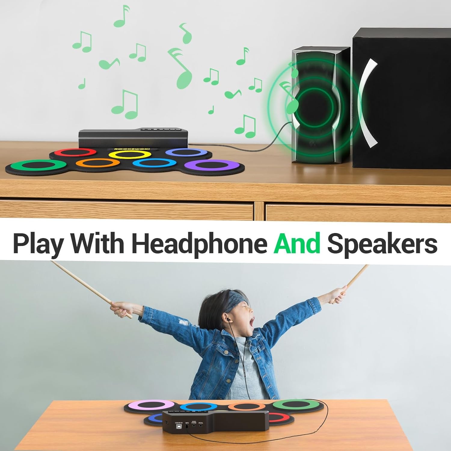 Electric Drum Set, 7-Pad Kids Electronic Drum Set with Headphone Included, Roll-Up Drum Practice Pad, Great Holiday Xmas Birthday Gift for Kids