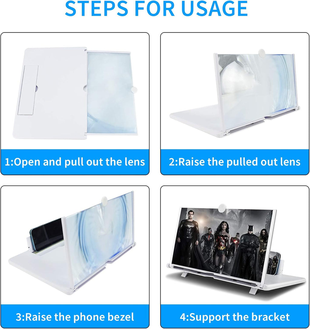 16 Inch Screen Magnifier for Cell Phone 3D Magnifier Screen Enlarger for Movies,Videos,Reading,Gaming-Screen Amplifie with Foldable Phone Stand Holder. Compatible with All Smartphones-White