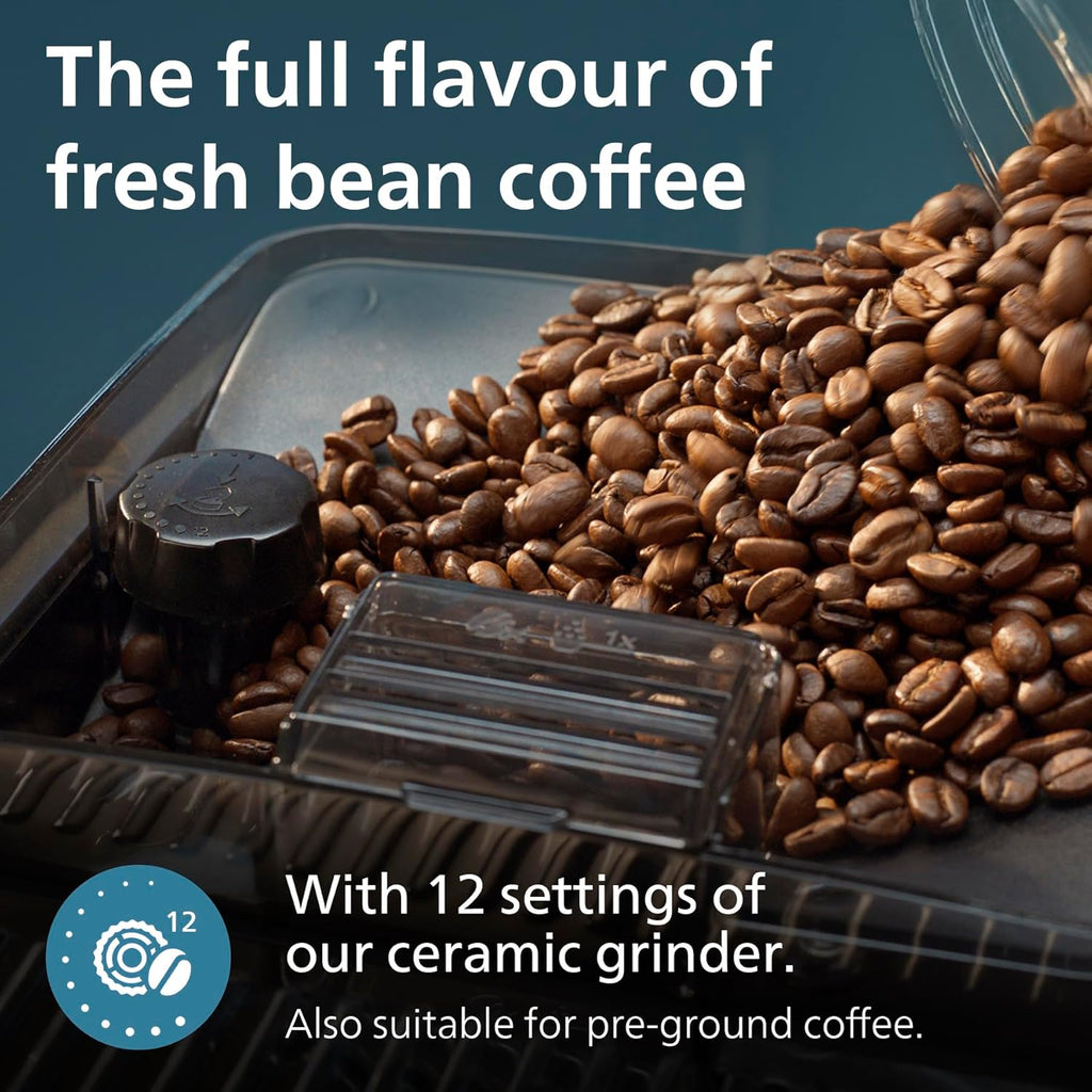 5400 Series Fully Automatic Bean-to-Cup Coffee Machine with 12 Coffee Varieties, Lattego Milk Frother, Easy Clean System, Ceramic Grinder - Black and Silver (EP5446/70)