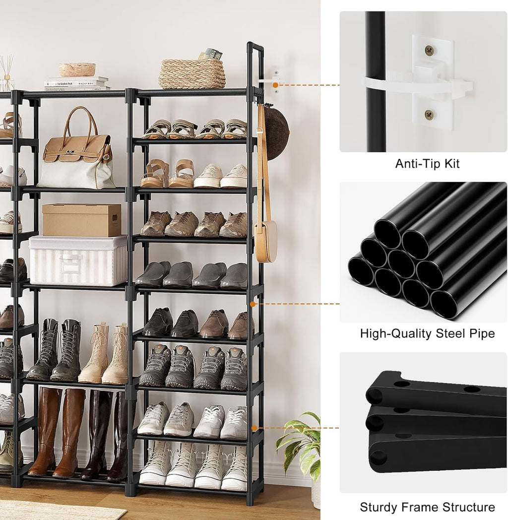 9 Tiers Large Shoe Rack Storage Organizer for Closet 50-55 Pairs Shoe Tower Unit Shelf Stackable Shoe Rack with Metal Pipes Plastic Connectors Black(Sss3B9)