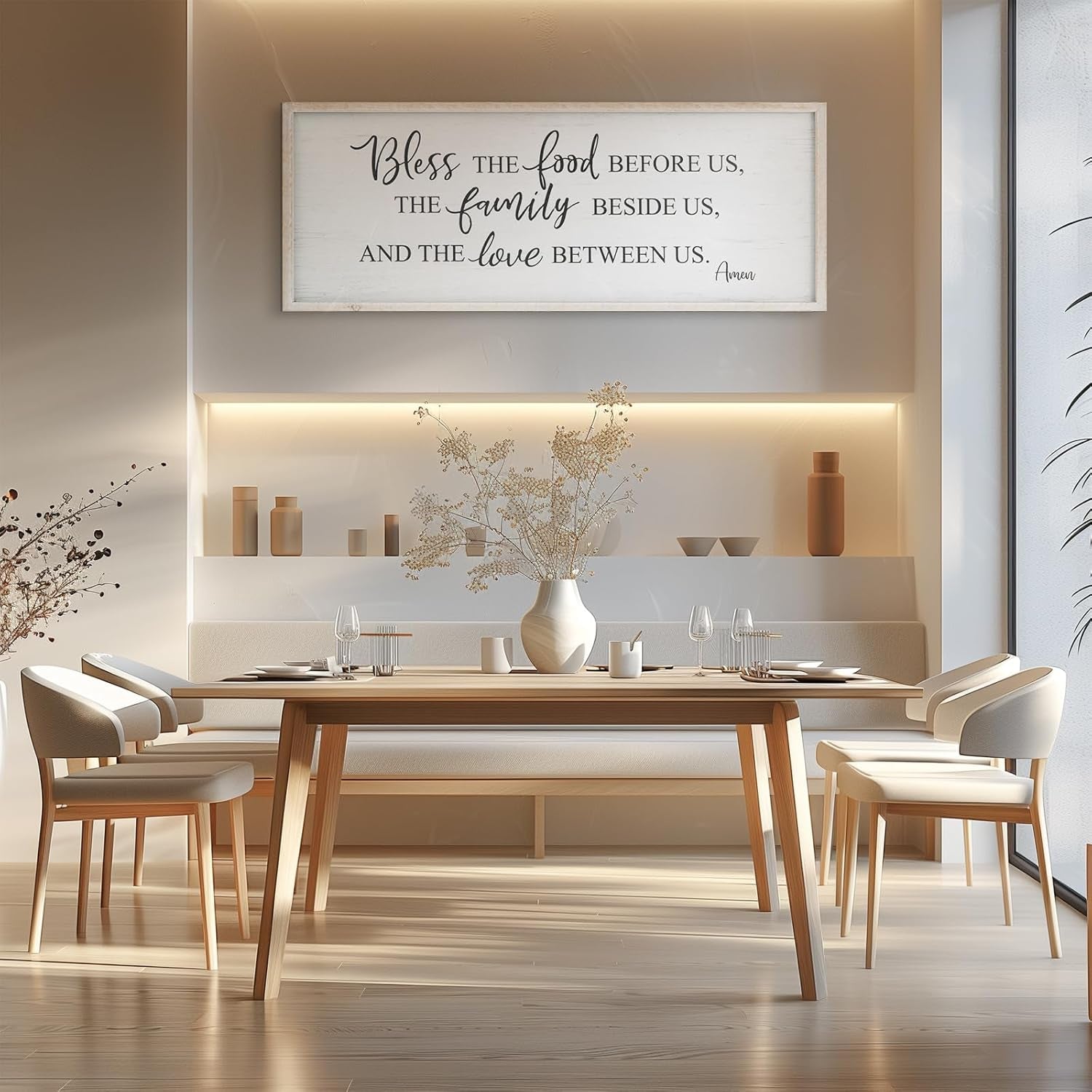 Bless the Food before Us Home Decor Wall Sign for Family Kitchen Farmhouse Dining Room Vintage Rustic Retro Boho Wood House Wall Art Decoration for Living Room Bedroom 40 X 15 Inch White