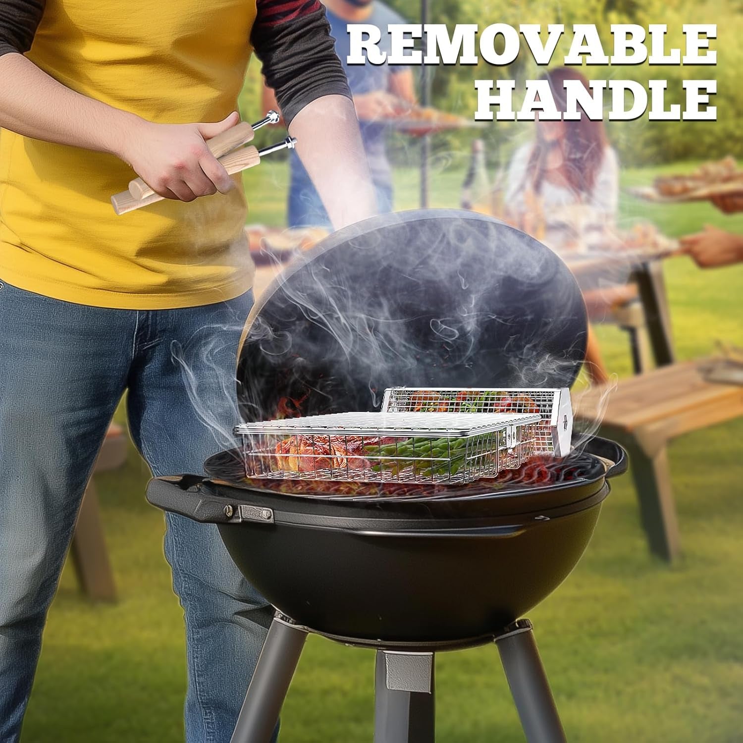 Grill Basket Set, Removable Wooden Handle, 304 Stainless Steel, Rolling BBQ Tools, Smoker Grilling Accessories for Vegetable Fish, Outdoor Cooking Camping, Birthday Gifts for Men Dad Husband