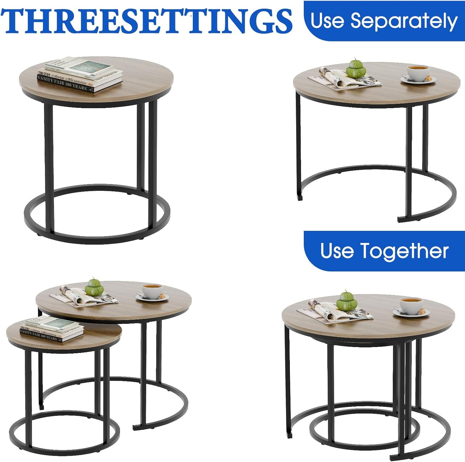 Coffee Table Nesting Side round Table Set of 2 End Table with Sturdy Metal Frame for Living Room Bedroom Apartment Modern Industrial Simple Nightstand,Oak