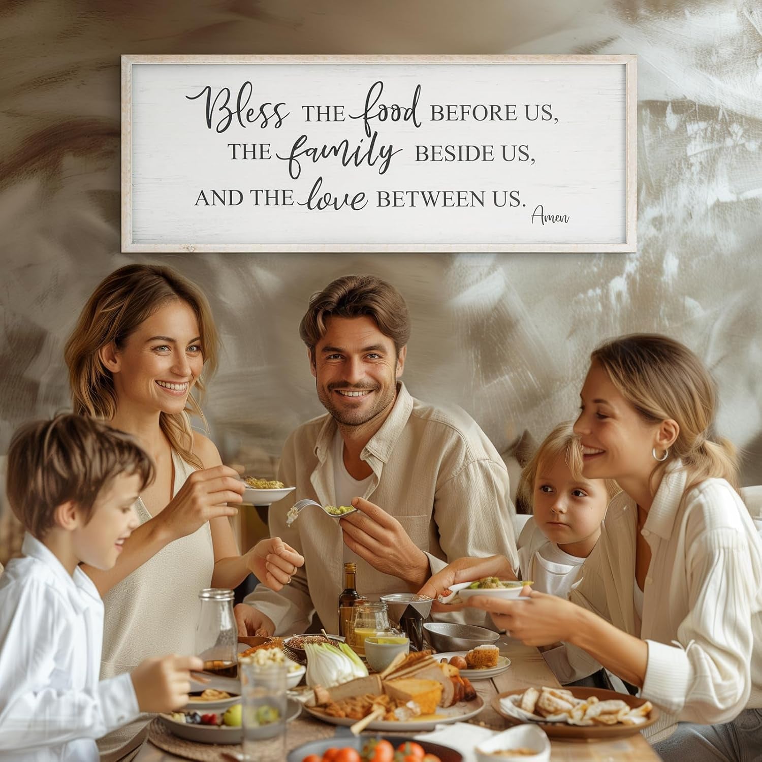 Bless the Food before Us Home Decor Wall Sign for Family Kitchen Farmhouse Dining Room Vintage Rustic Retro Boho Wood House Wall Art Decoration for Living Room Bedroom 40 X 15 Inch White