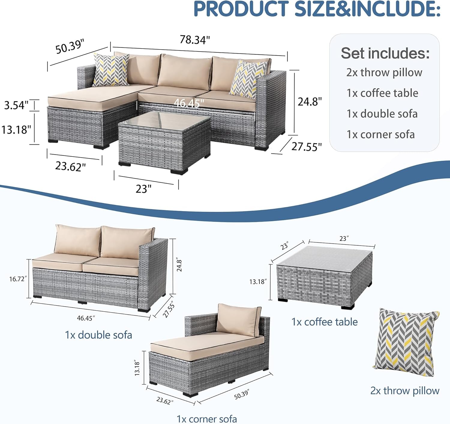 3 Pieces Patio Furniture Set,All-Weather Rattan Patio Conversation Set,Outdoor Sectional Silver Wicker Patio Couch with Washable Cushions and Glass Coffee Table(Khaki)