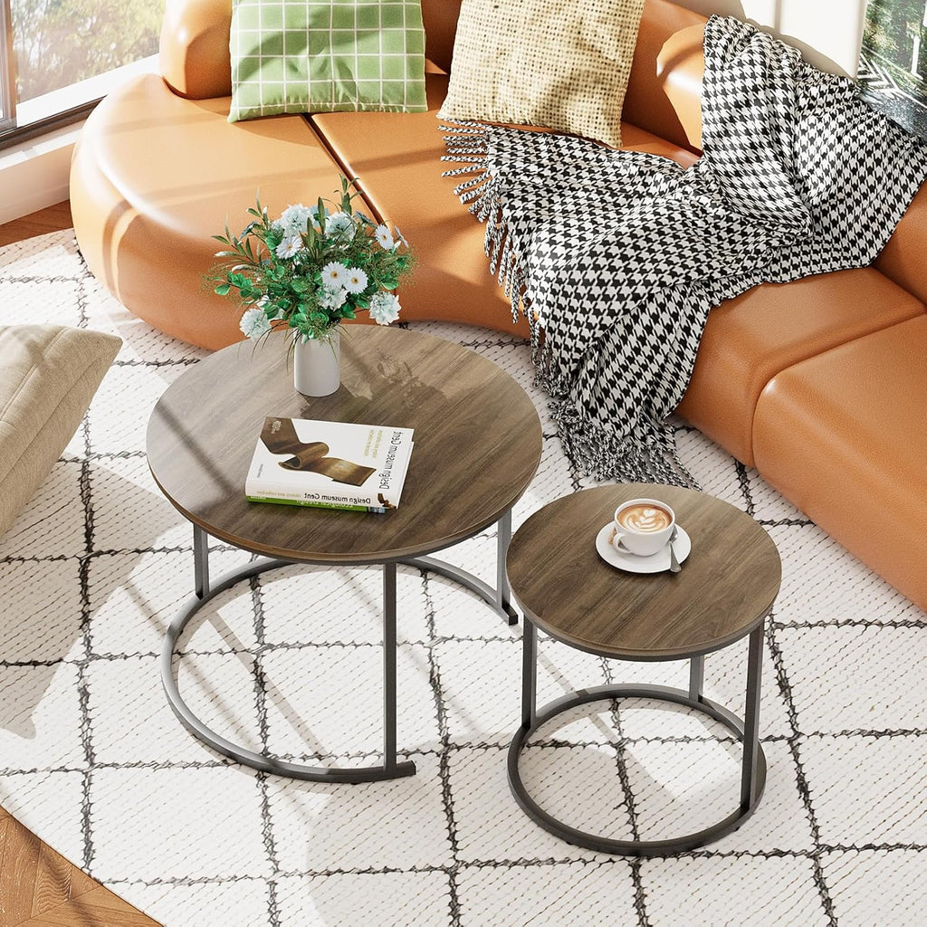 Coffee Table Nesting Side round Table Set of 2 End Table with Sturdy Metal Frame for Living Room Bedroom Apartment Modern Industrial Simple Nightstand,Oak