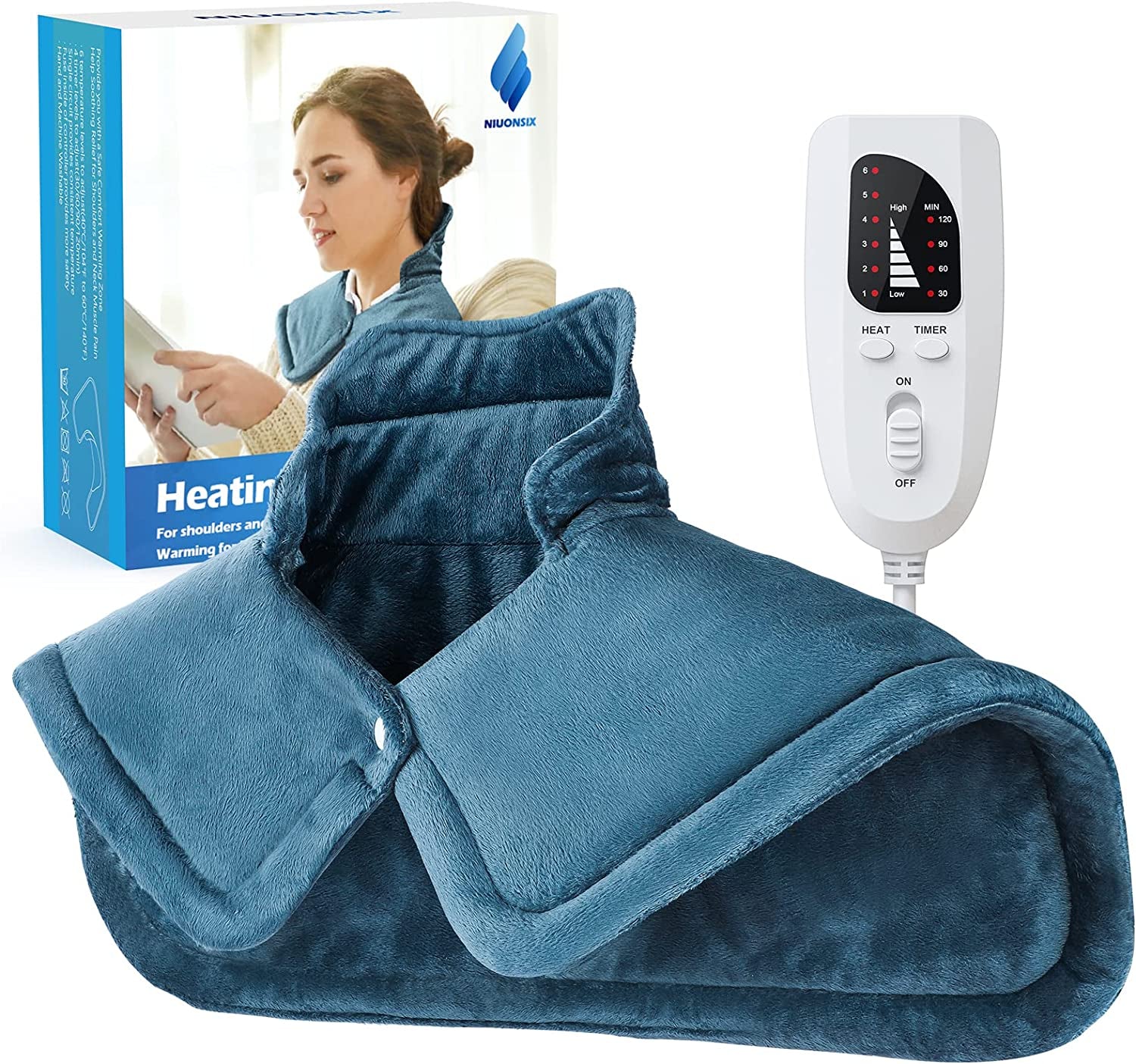Heating Pad for Neck and Shoulders and Back, Birthday Christmas Gifts for Women Men Mom Wife Seniors, Weighted Electric Heated Wrap for Pain Relief, 6 Heat Settings 4 Timers Auto Off, Blue