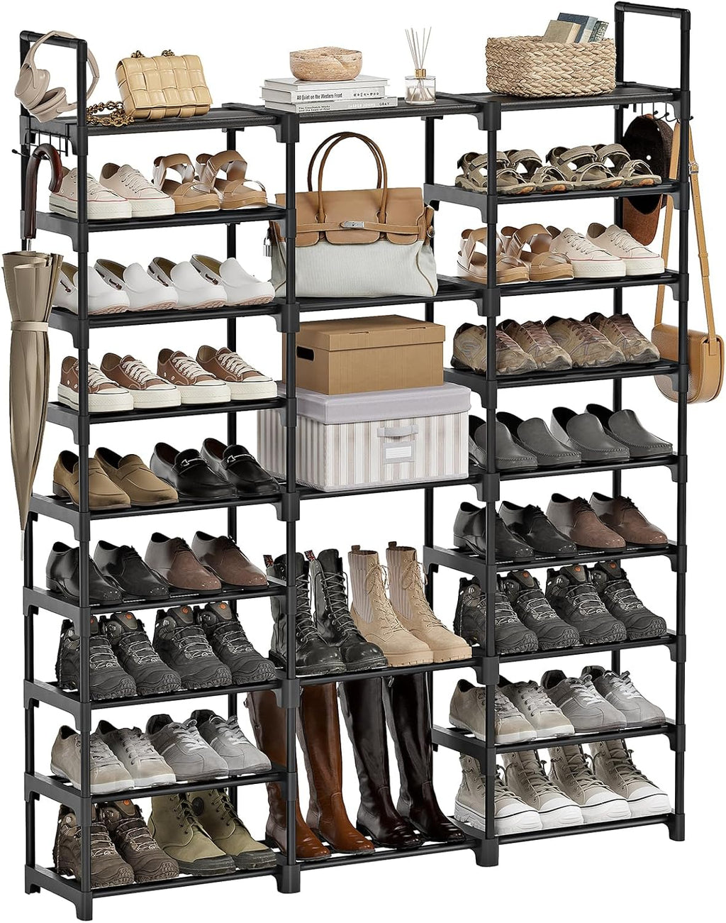 9 Tiers Large Shoe Rack Storage Organizer for Closet 50-55 Pairs Shoe Tower Unit Shelf Stackable Shoe Rack with Metal Pipes Plastic Connectors Black(Sss3B9)