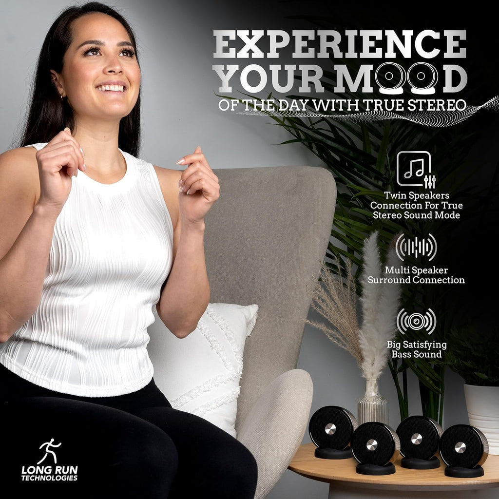 Bluetooth Speaker Set: Wireless Stereo Dual Pairing Portable Twin TWS System with Big Rich Bass Hi-Fi Multi-Room Indoor Outdoor Use Home Deck Pool Work Travel Party Camping Gift Decor Idea (Chrome)