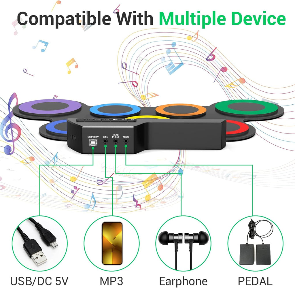 Electric Drum Set, 7-Pad Kids Electronic Drum Set with Headphone Included, Roll-Up Drum Practice Pad, Great Holiday Xmas Birthday Gift for Kids