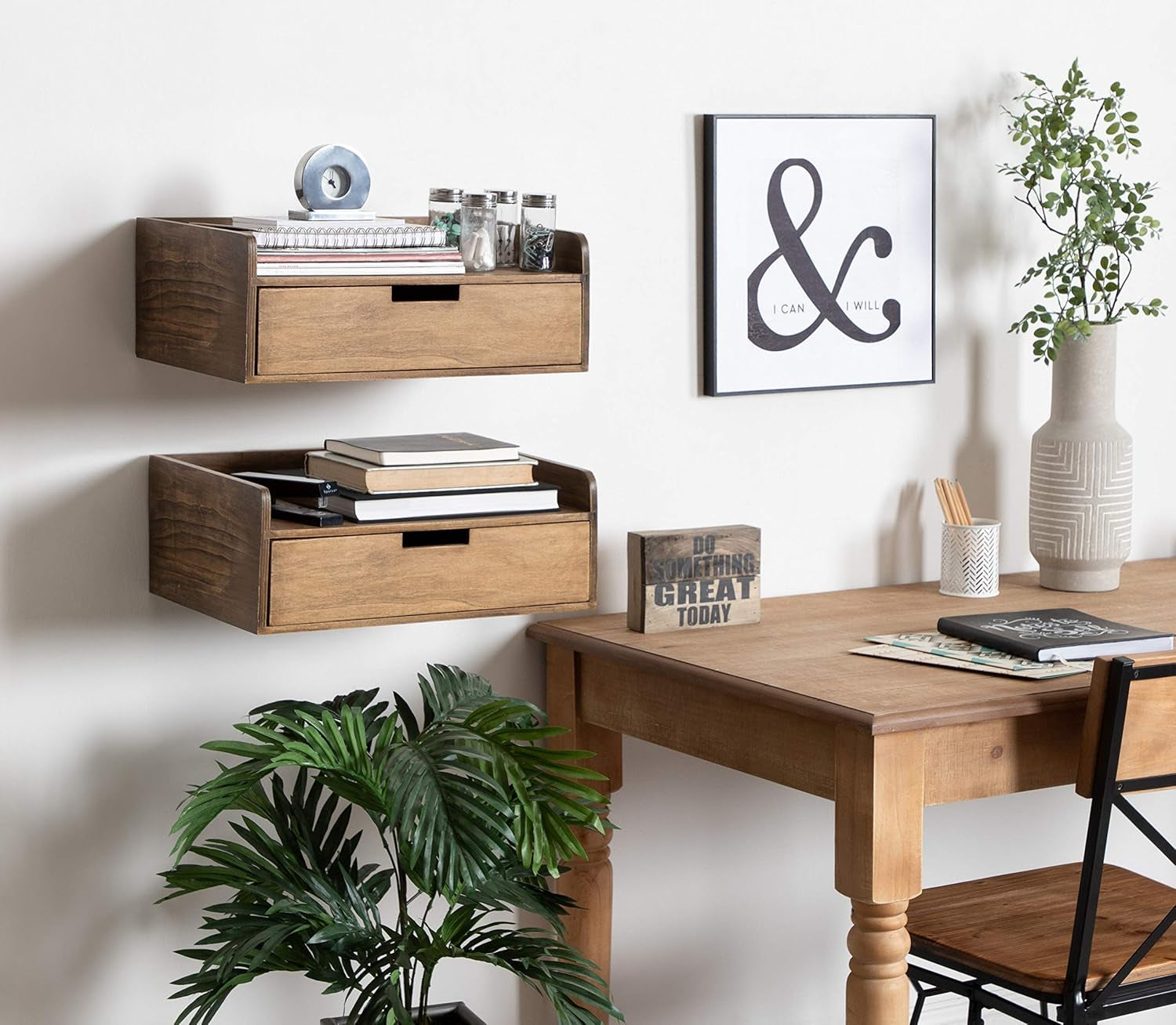 Kitt Floating Shelf Side Table with Drawer, Rustic Brown