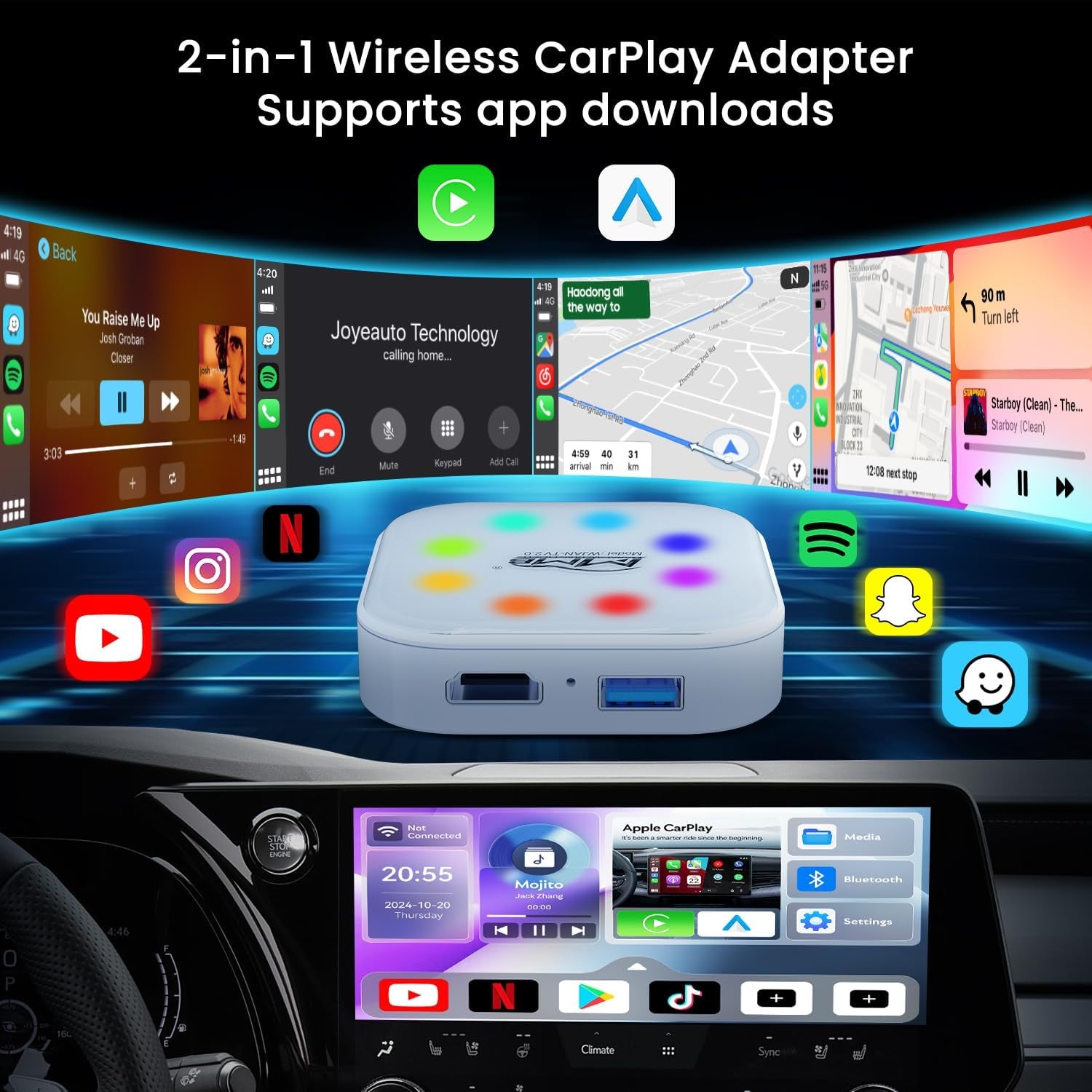 WJAN-TV2.0 Carplay, Wireless Carplay, Carplay Adapter Online Youtube/Netflix 2025 New Upgrade Dongle with HDMI Output, Video TV Box, Android 12.0 Auto Wireless Adapter for OEM Apple Carplay Cars