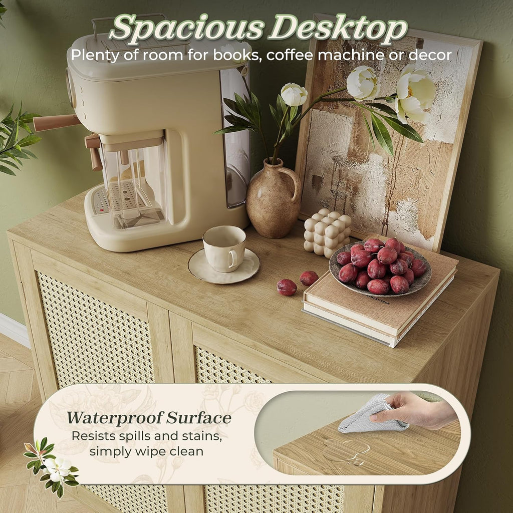Buffet Cabinet with Storage, Storage Cabinet with PE Rattan Decor Doors, Accent Sideboard Buffet with Solid Wood Feet, for Hallway, Entry, Living Room, Natural