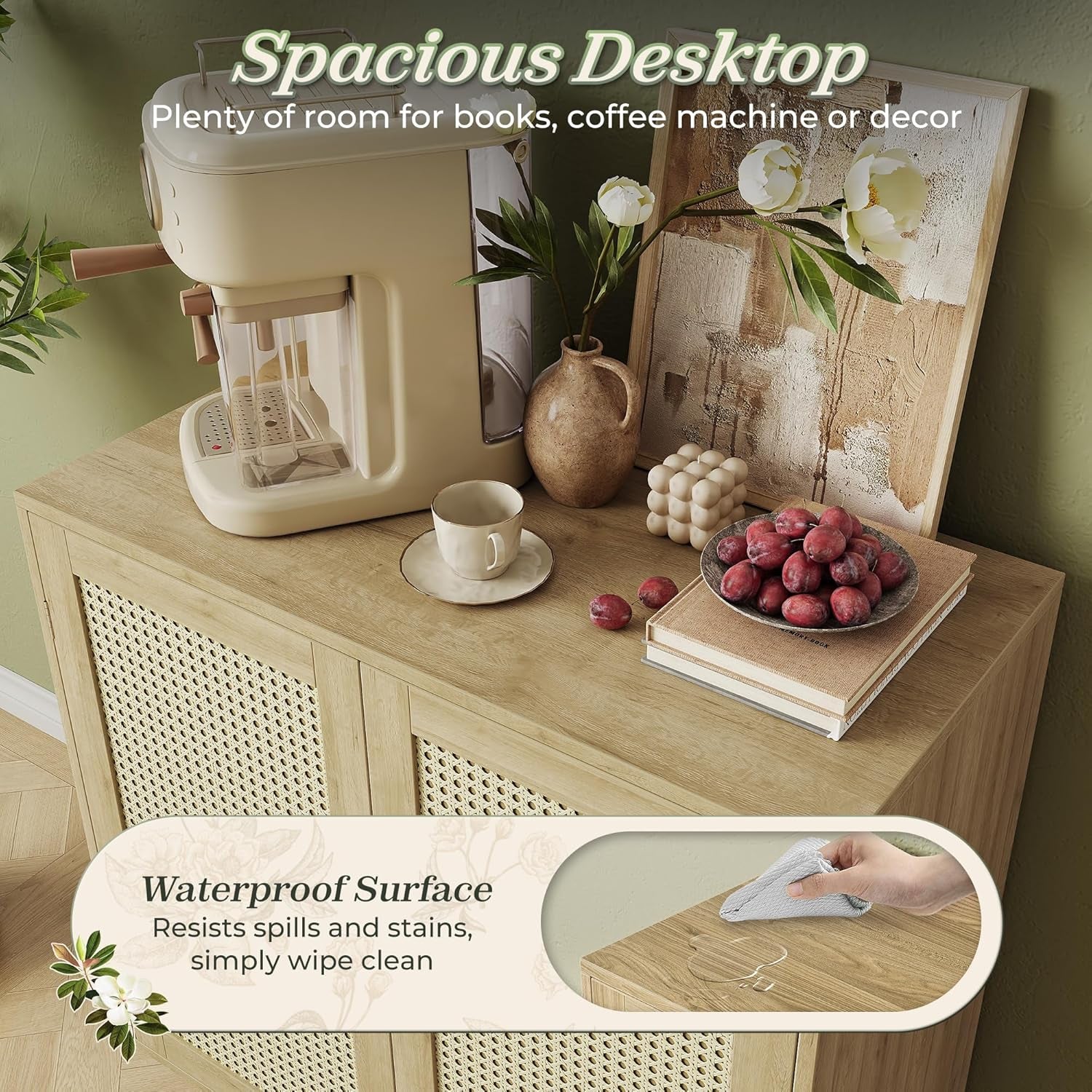 Buffet Cabinet with Storage, Storage Cabinet with PE Rattan Decor Doors, Accent Sideboard Buffet with Solid Wood Feet, for Hallway, Entry, Living Room, Natural